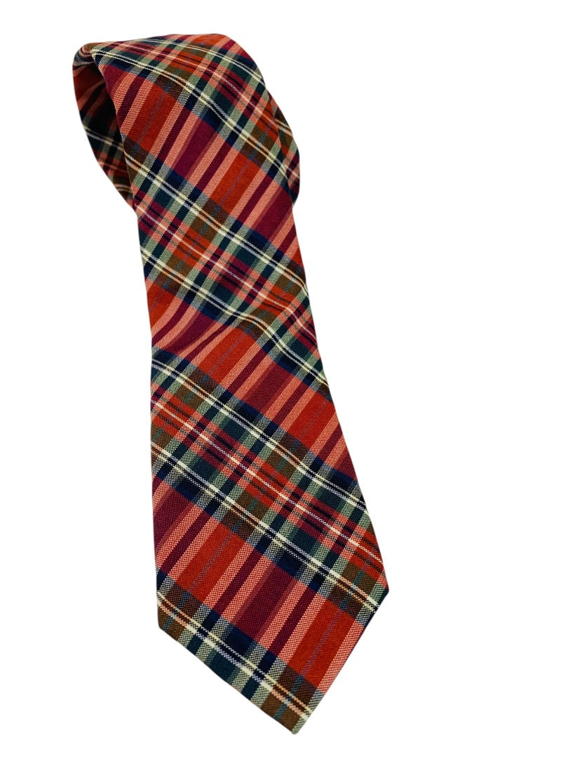 Public Opinion Mens Tie Necktie Red Plaid Wool Silk Blend 2.5" Width 58" Length