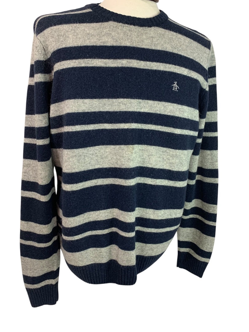 Large Penguin Munsingwear Mens Navy Blue Gray Striped Sweater Wool Blend
