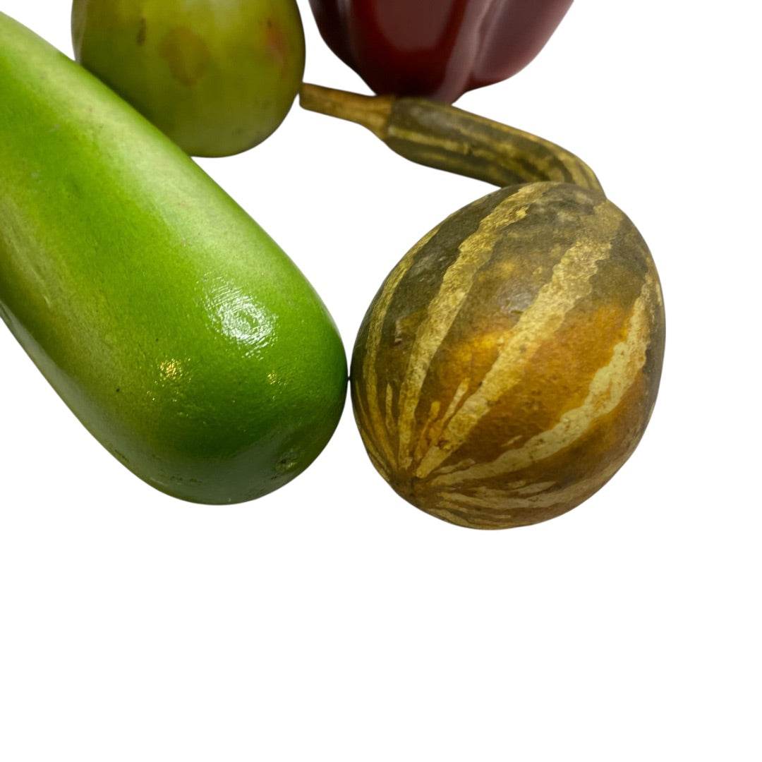 Assorted Lot of 5 Faux Vegetables Plastic Wooden Cucumber Squash Pepper