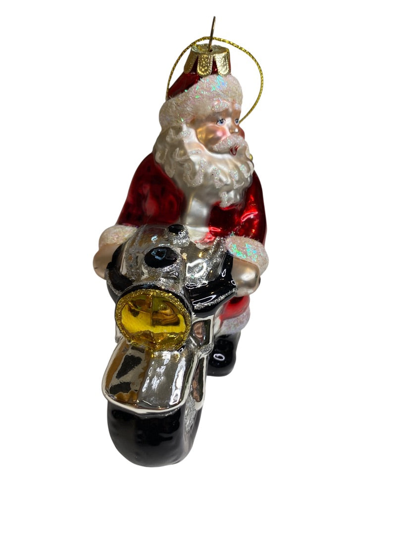 Handblown Glass Biker Santa Ornament Motorcycle Christmas 5" Length