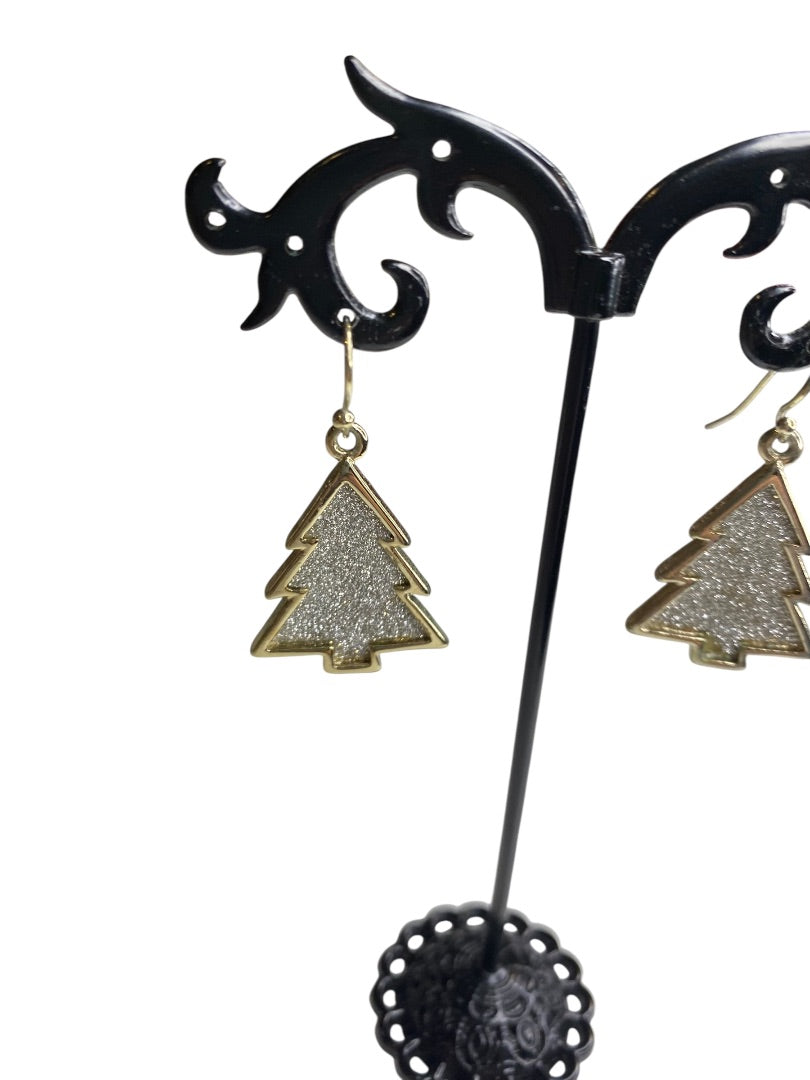 Goldtone Fishhook Earrings Christmas Tree Sparkle 1.5" Drop