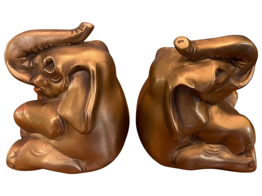 PM Craftsman Trunk Up Elephant Book Ends USA Heavy Goldtone