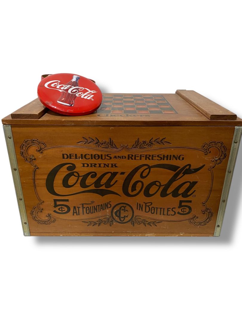 1990s Wooden Coca-Cola Coke Checkers Hinged Crate Box with Checkers
