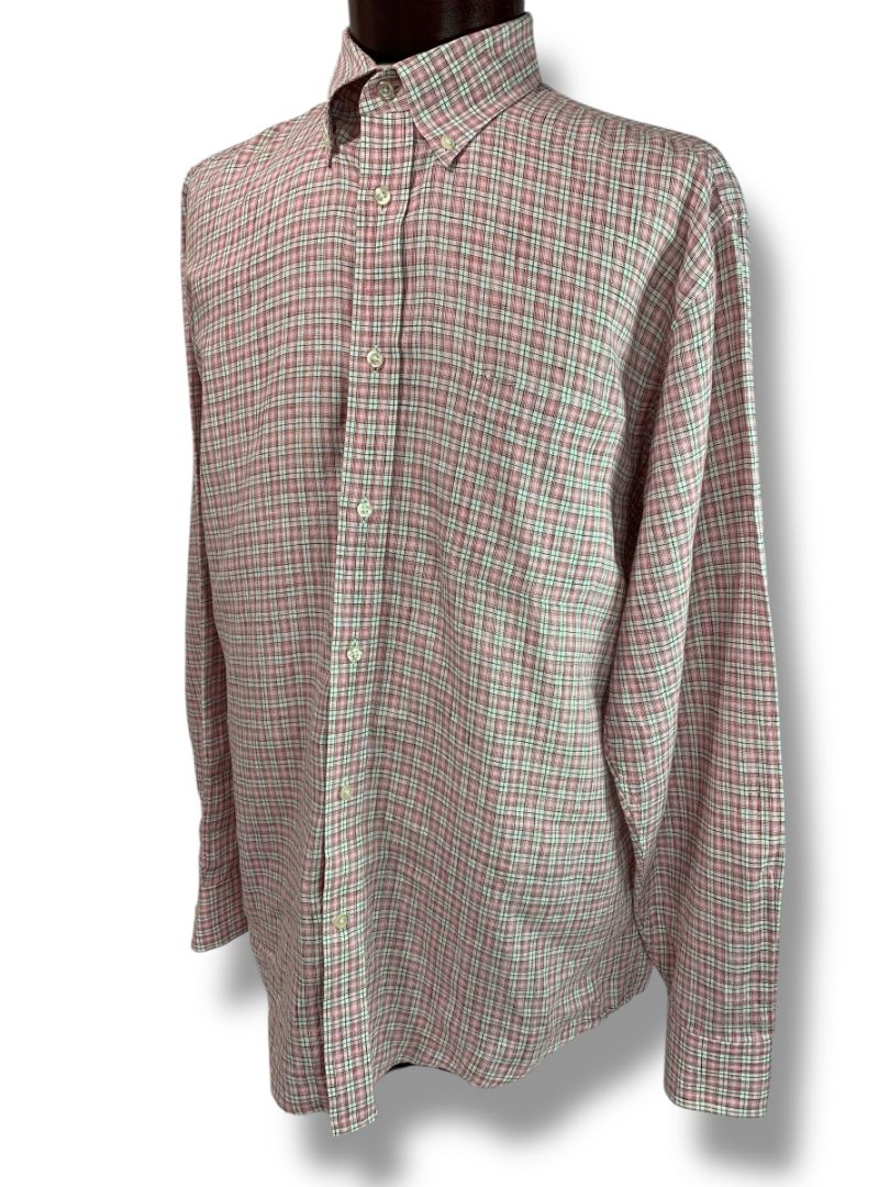 16.5 - 34 Lands End Baird McNutt Mens Irish Linen Button Down Shirt Pink Plaid