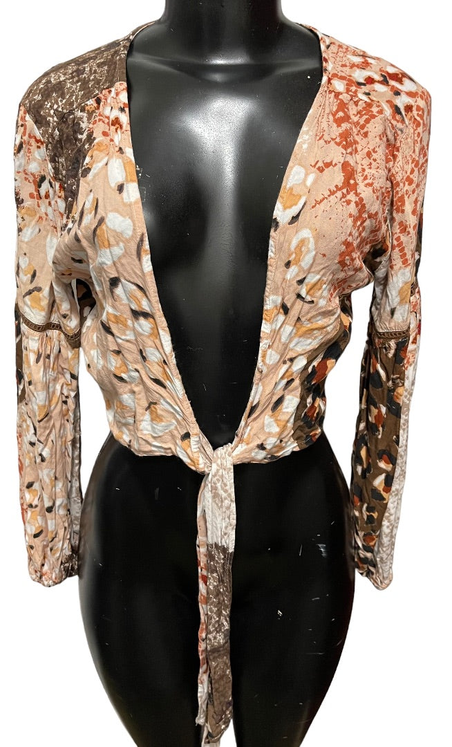 XS Raga Congo Women's Brown Multi Print Tie Front Crop Top Long Sleeve Blouse