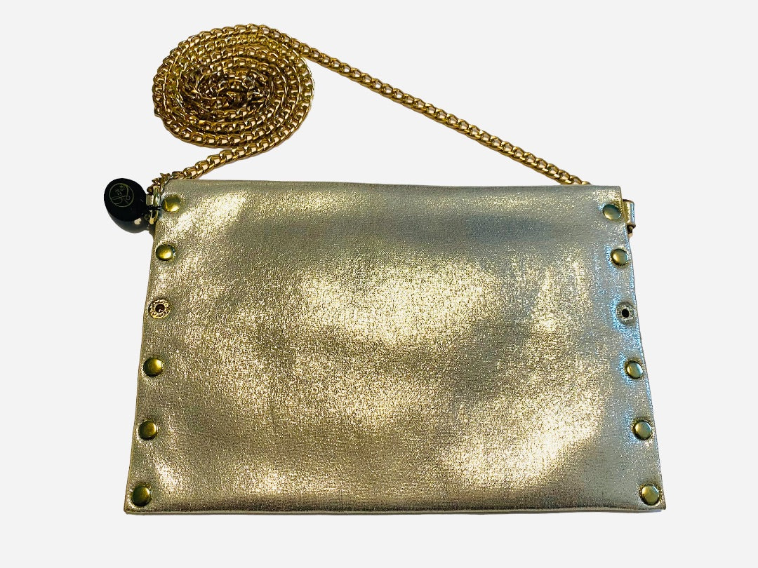 Gold Metallic Slim Crossbody Studded Chain Strap Purse New Designs By Liza Kim
