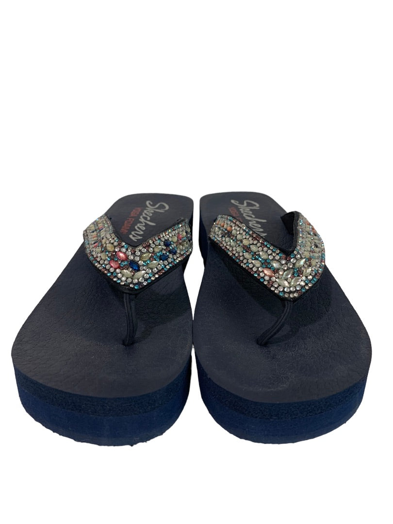 Size 8 Skechers Yoga Foam Platform Flip Flop Sandals Jeweled Navy Blue
