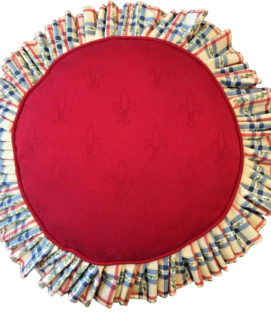Red Country Ruffle Fleur di Lis Accent Throw Pillow Custom Made 14" Diameter