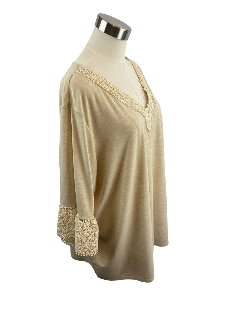 2X Ruby Rd Women's Oatmeal V-Neck Crochet Trim Pullover Top Shirt