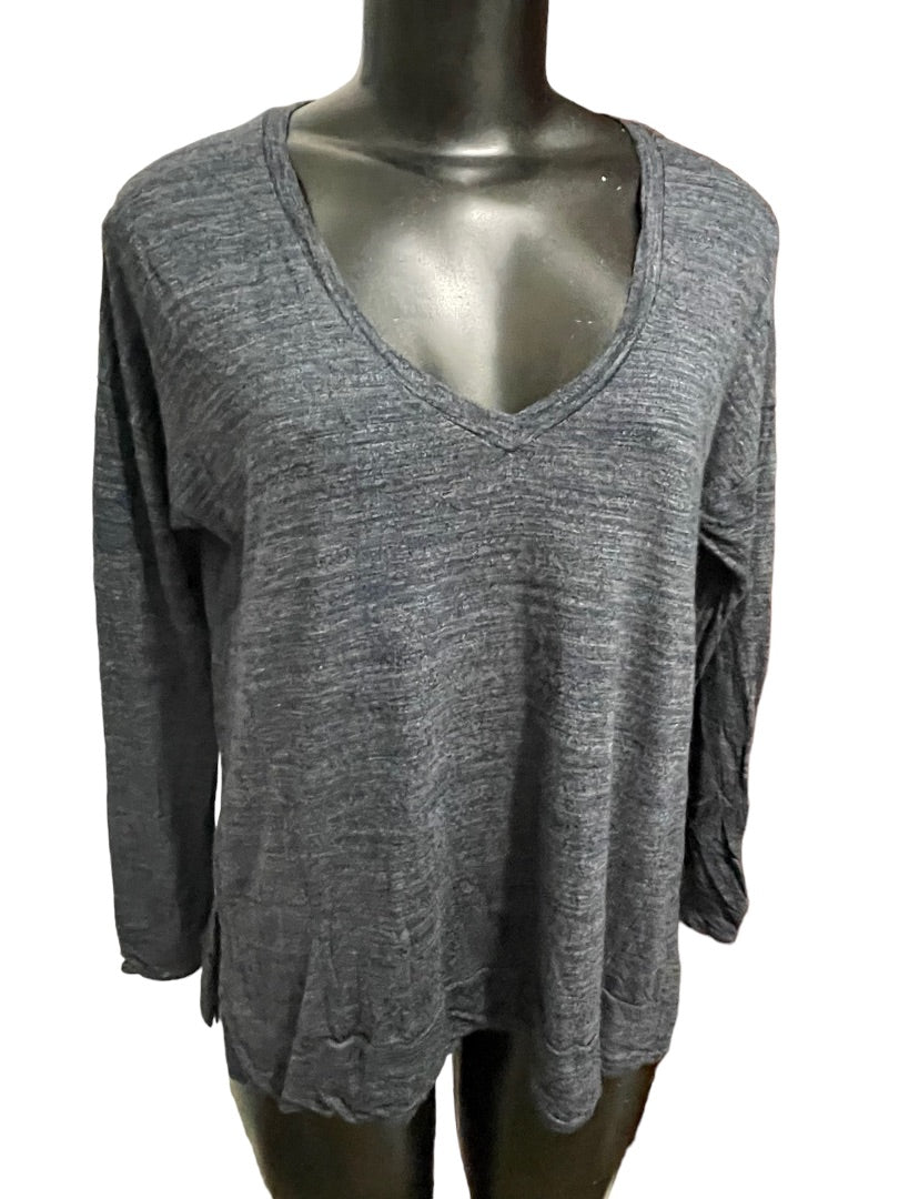 XS Madewell Women's V-Neck Dark Blue Marled Knit Top Side Slits B6005