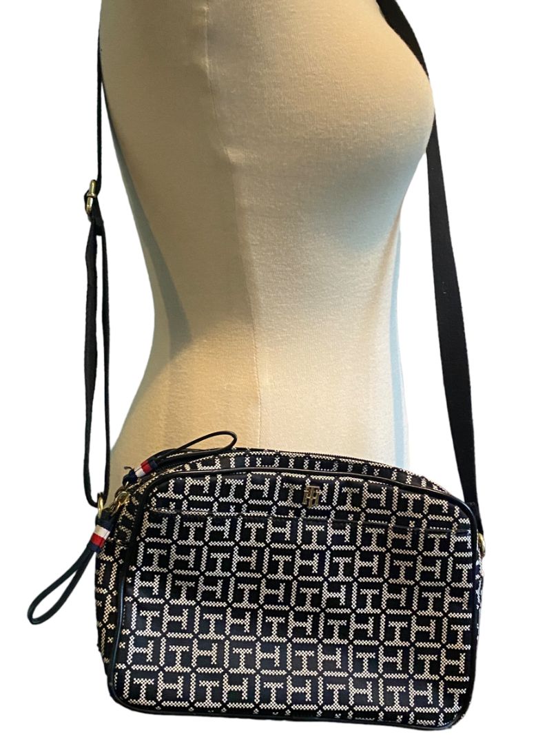 Tommy Hilfiger Crossbody Monogram Dual Zip Pocket Shoulder Bag Black White