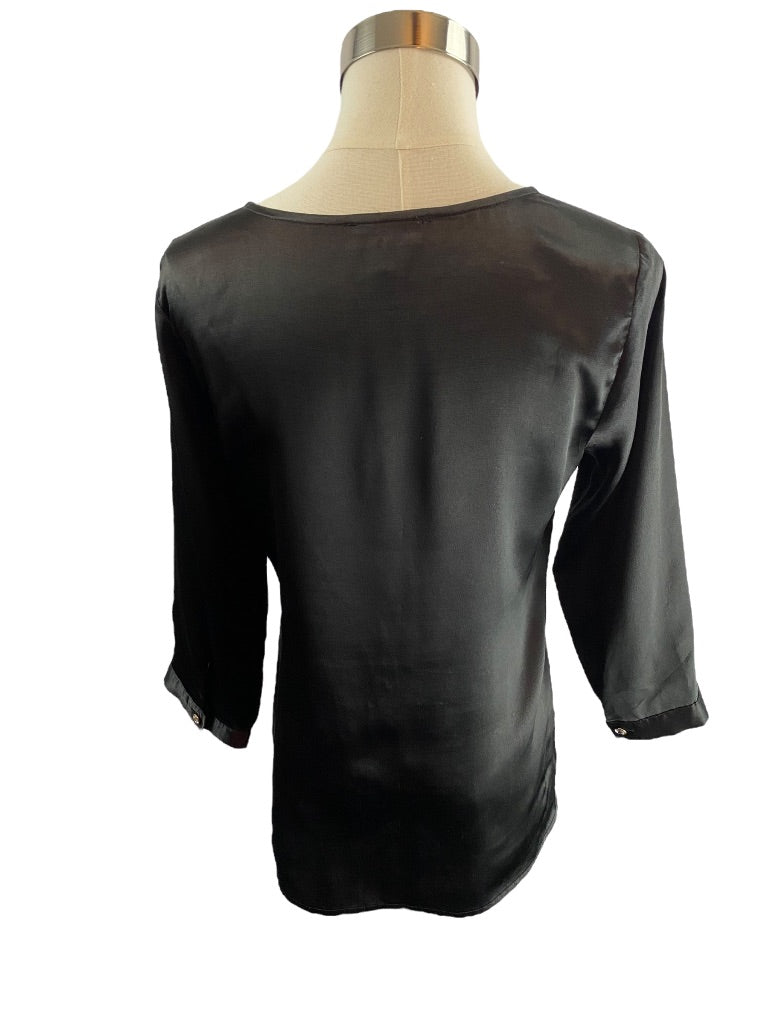 XS The Limited Womens Black Satin 3/4 Sleeve Pullover Split Neck Blouse
