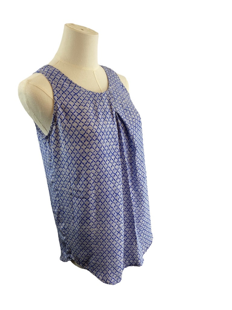XS Cynthia Rowley Womens 100% Silk Blue Print Pullover Pleat Front Blouse