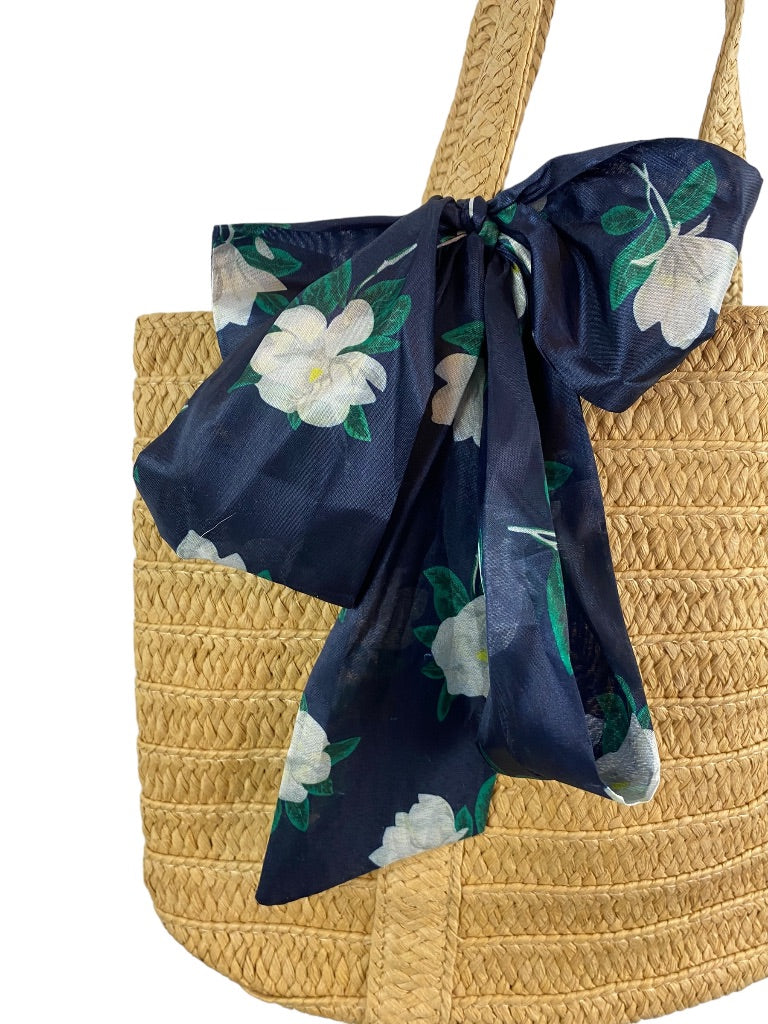 Draper James Lined Straw Tote Handbag Natural Navy Blue Purse Scarf