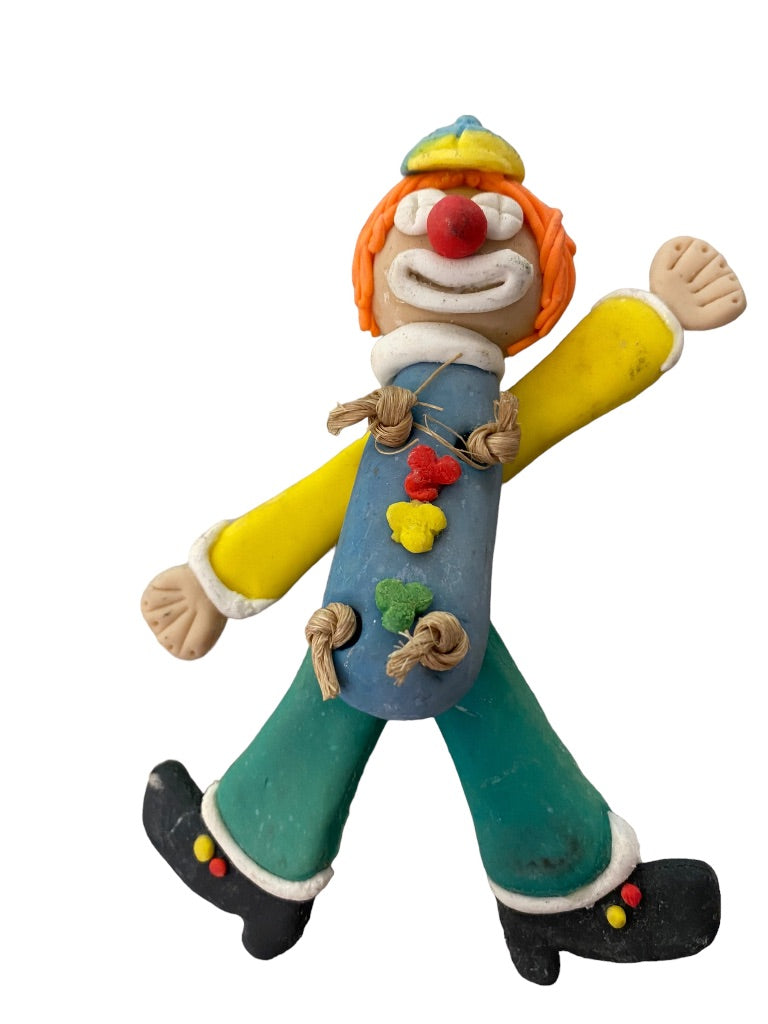 Handmade Clay Clown Articulated Magnet 5" Blue Green Yellow with Cap
