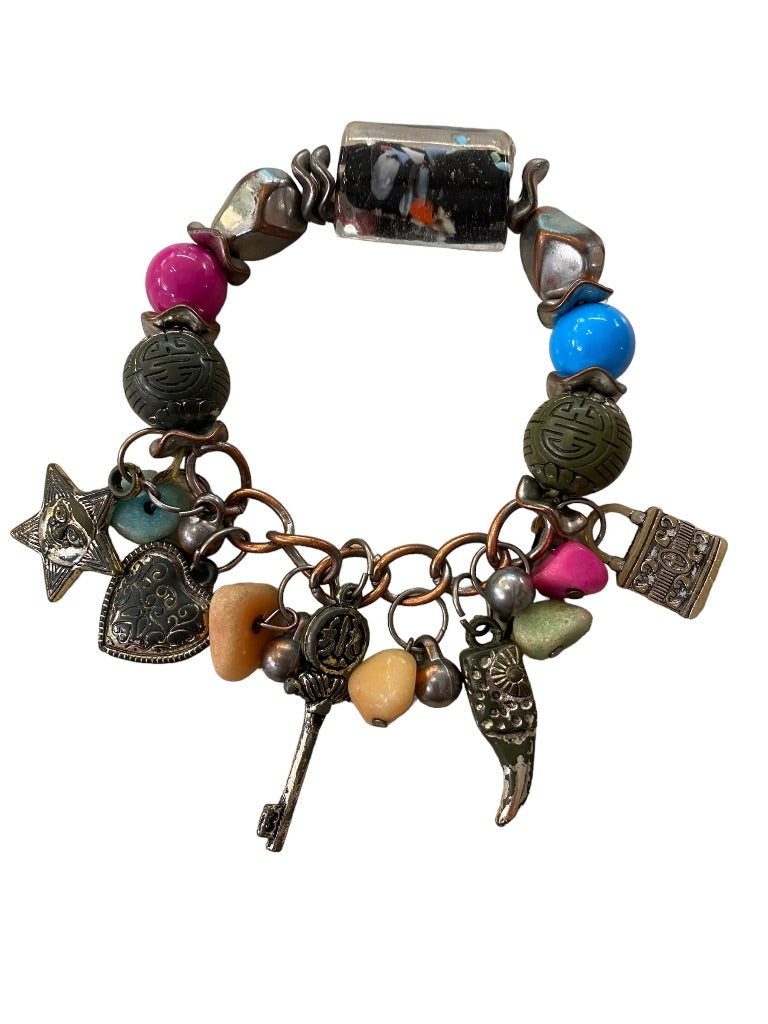 Stretch Large Wrist Bracelet Charm Chunky Heart Key Lock Star Beads