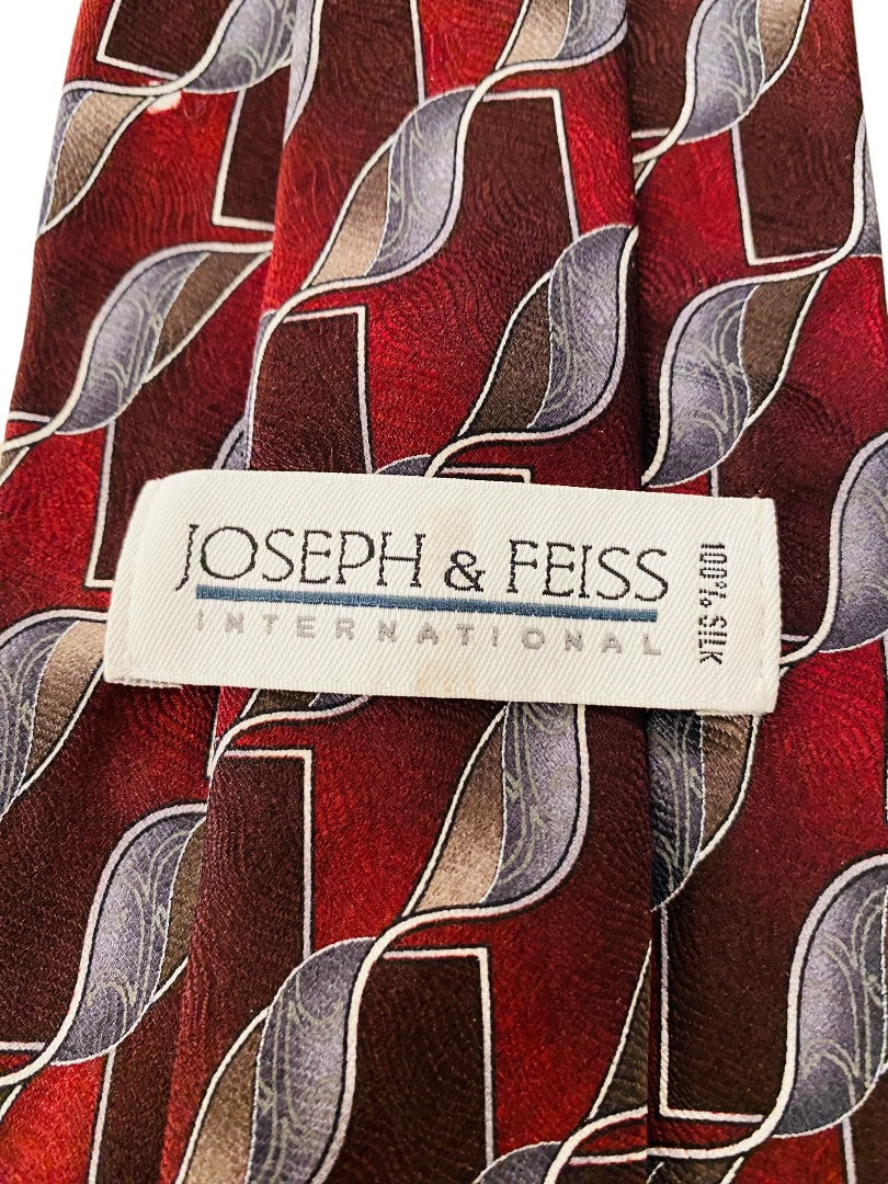 Joseph & Feiss Extra Long Mens 60" Necktie Tie Red Gray 100% Silk