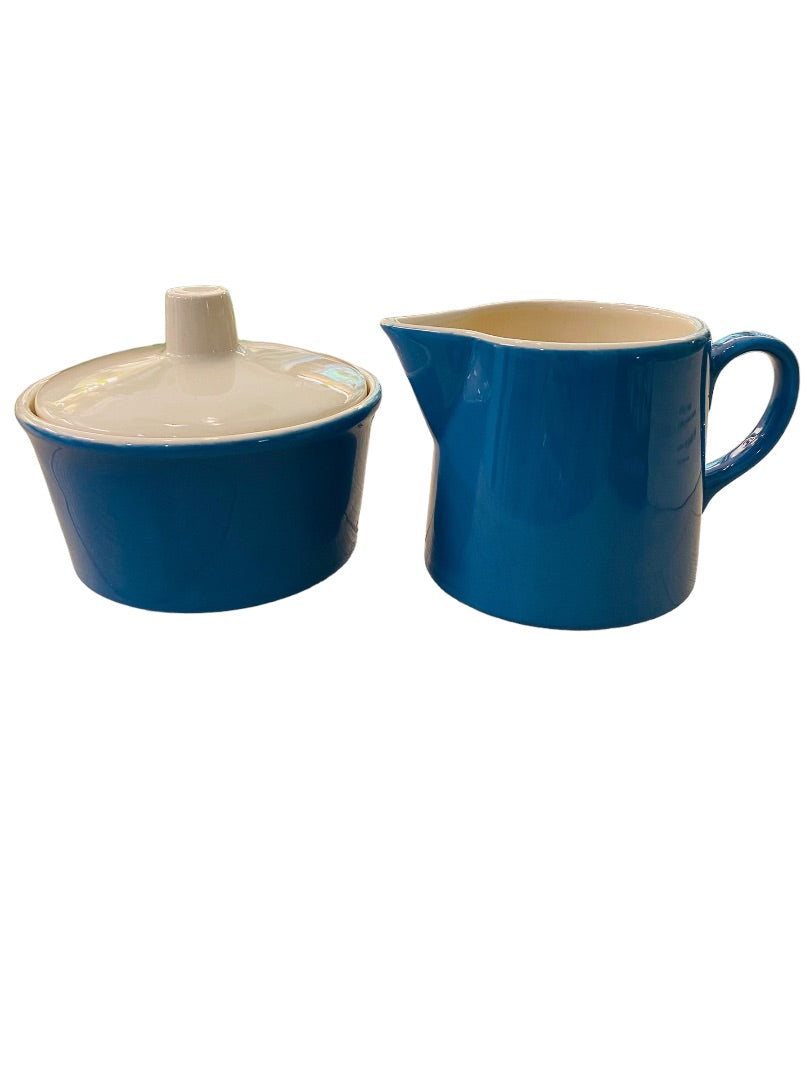 Blue White Ceramic Creamer and Lidded Sugar Bowl Midcentury Style