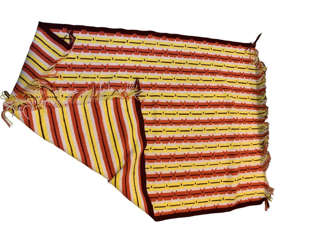 Retro 1970s Crochet Afghan Orange Brown Yellow Throw Blanket 48" x 70" Fringed