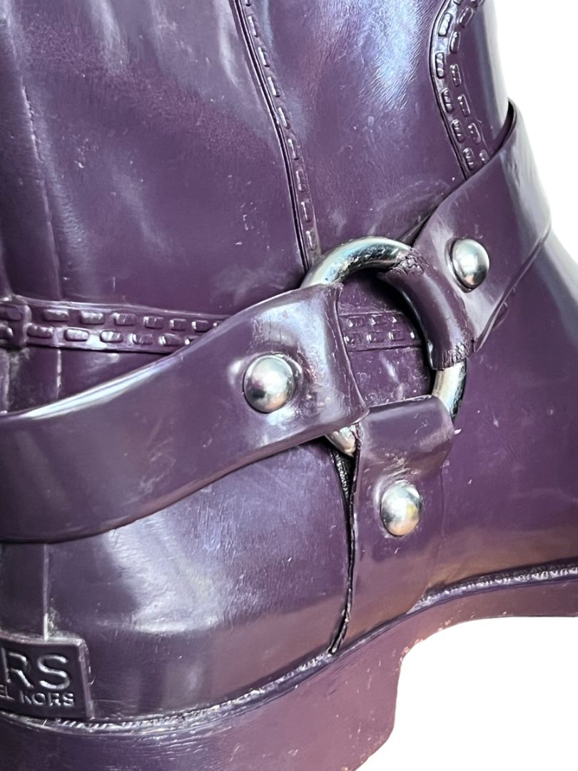 8 MICHAEL KORS Plum Purple Cowboy Rain Boots Damaged - Pull tabs split