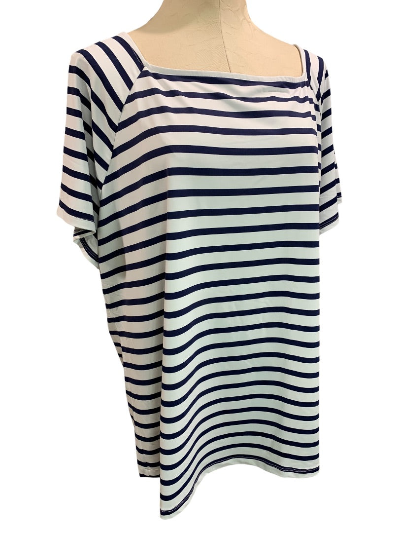 3X Talbots Womens Navy Blue White Stripe Square Neck Short Sleeve Pullover Stretch Fabric