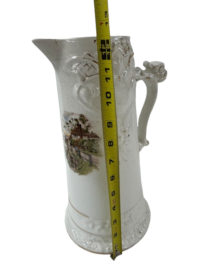 Antique Tankard Pitcher 12 Inch Owen Minerva Victorian Scene Handle Pottery