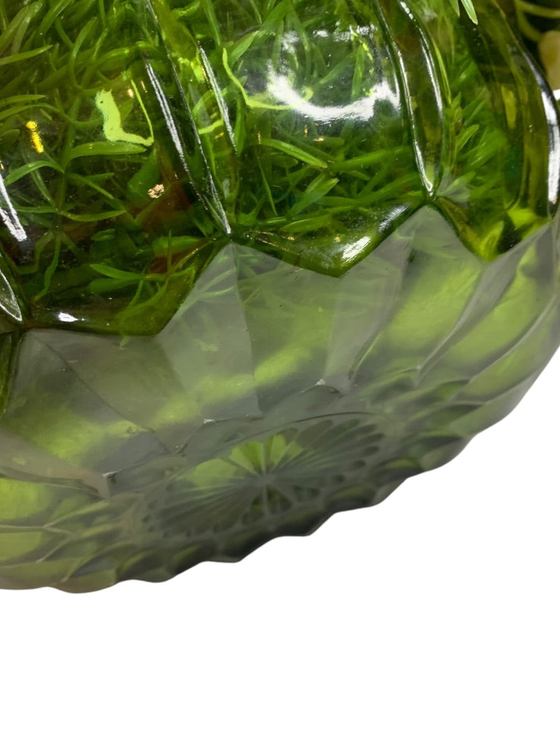 1960s Plastic Flower Centerpiece Arrangement Green Glass Bowl Kitschy