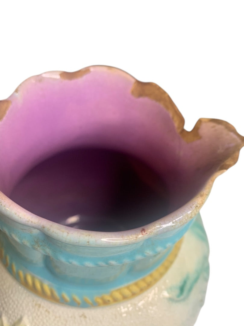 Samuel Lear Majolica Pitcher Water Pond Lily Rope Antique Victorian Chips