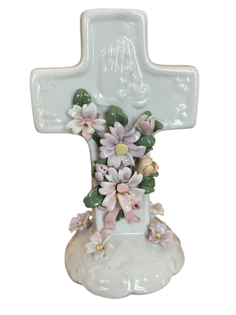 Praying Hands Floral Cross 1998 5.5 Inch Freestanding Floral