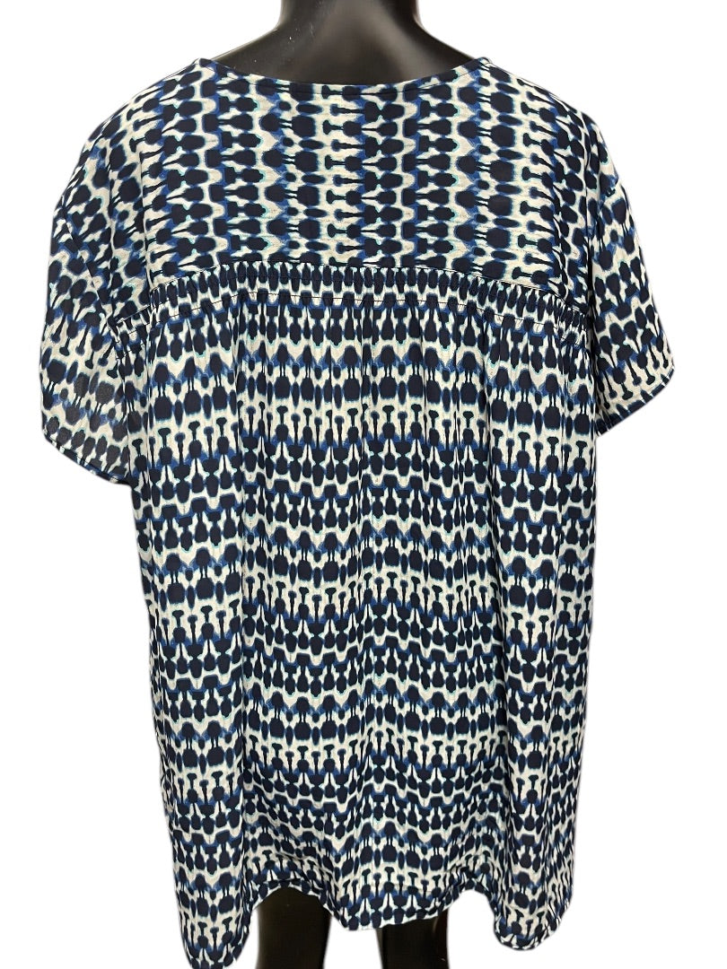 Size 24W Sejour Capsleeve V-Neck Womens Geometric Patterned Shirt Blouse Blue