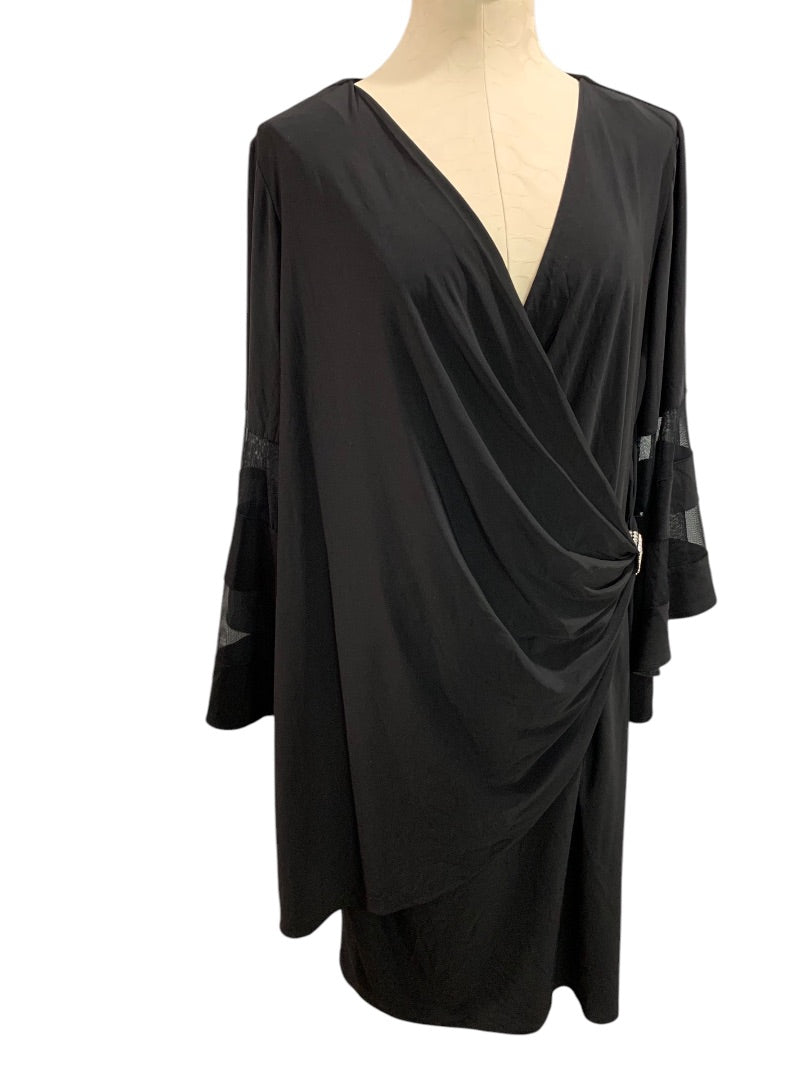 Size 16W R&M Richards Woman Black Wrap Around Dress Bell Sleeve Knee Length