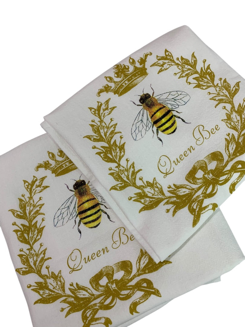 Set of 2 New Flour Sack Towels Queen Bee 24 x 36" USA
