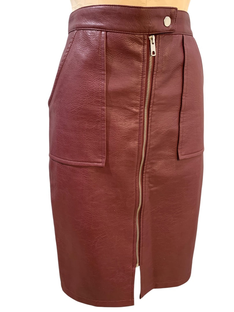Size 10 Primark Womens Merlot Vegan Leather Skirt Zip Pockets