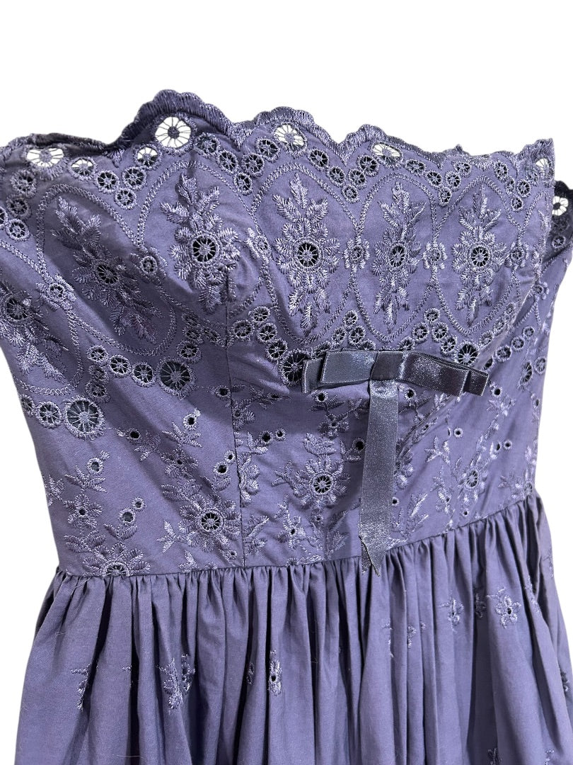 Size 4 Betsey Johnson Dress Purple Strapless Eyelet Embroidered Party