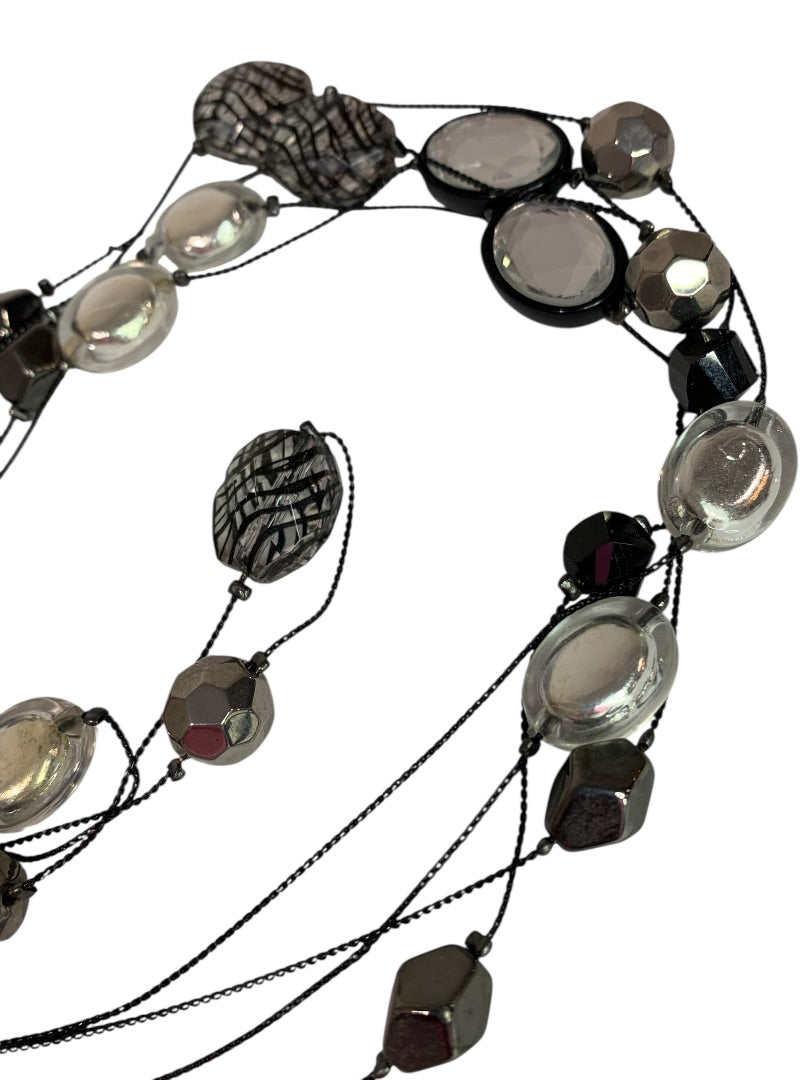 NY Double Strand Black Clear Beaded Necklace 36-40 Inch Lobster Clasp