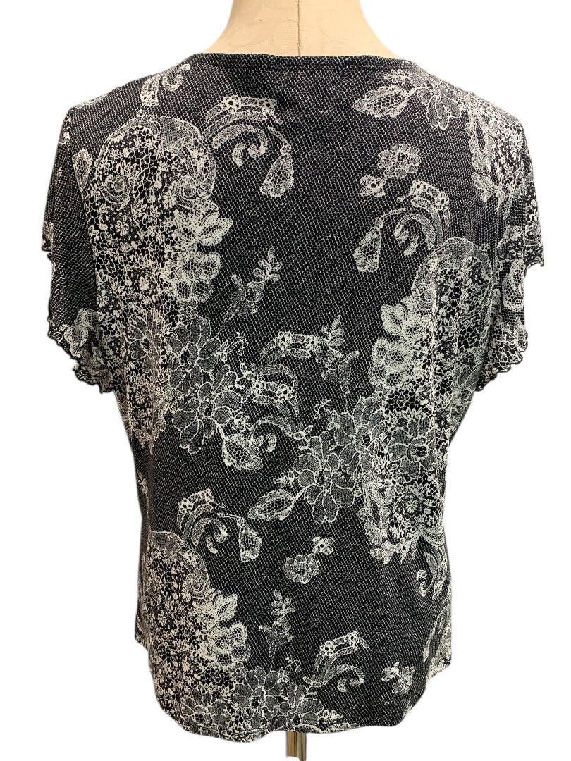 Large Laura Ashley Womens Lined V-Neck Shirt Lace Print Lined Black