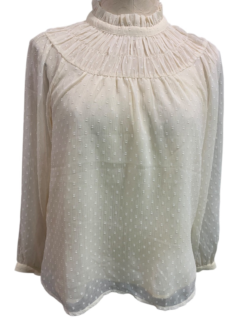 Small Petite Loft Ivory Womens Blouse Flowy Long Sleeve Lined Shirt Sheer Sleeve