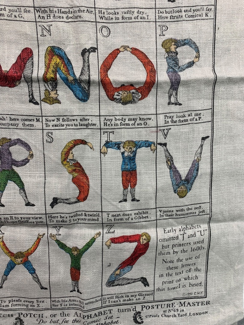 Vintage Tea Towel The Comical Hotch Potch or The Alphabet Posture 26" x 16"