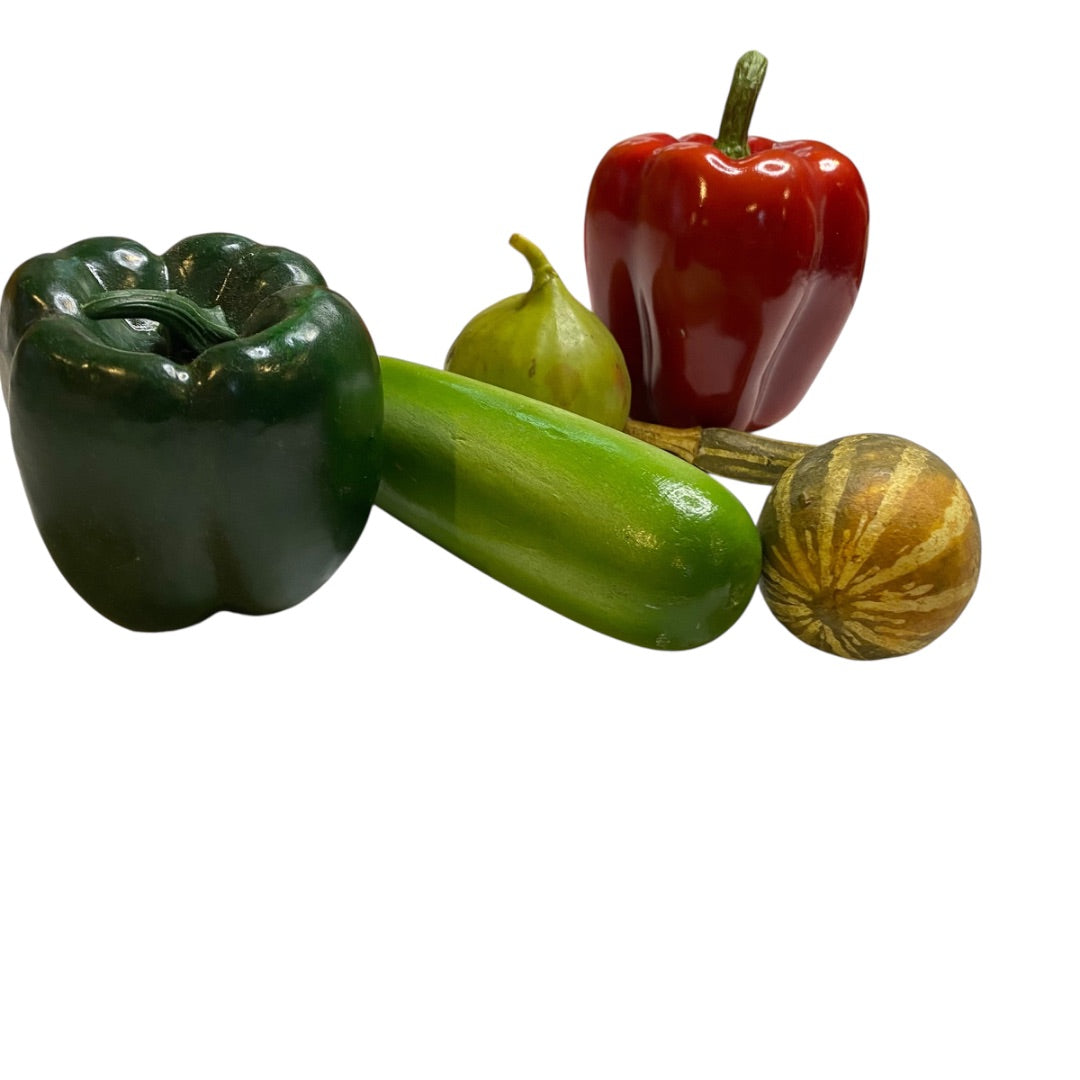 Assorted Lot of 5 Faux Vegetables Plastic Wooden Cucumber Squash Pepper