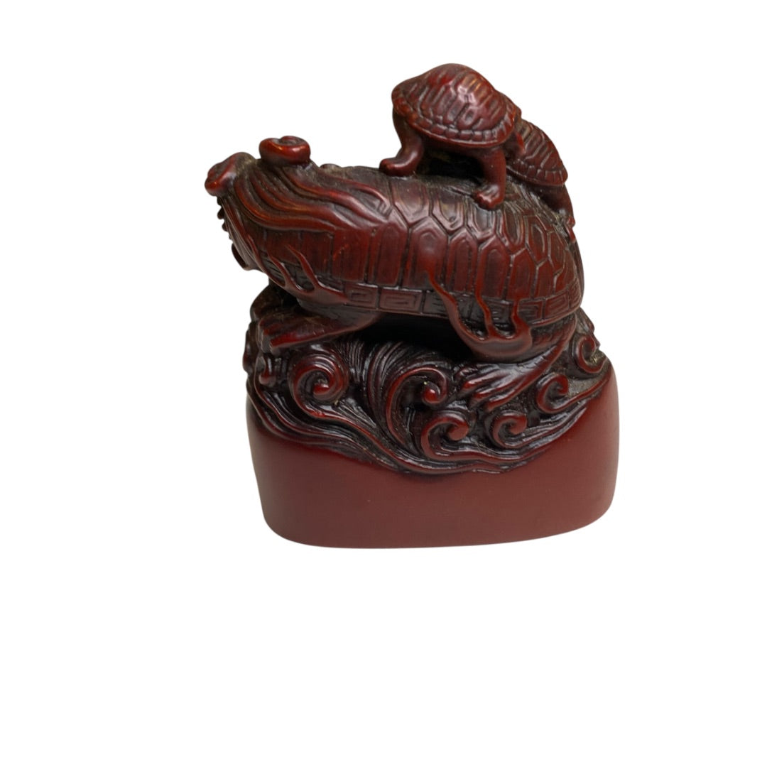 Vintage Red Resin Paperweight Figurine Dragon Turtles 2.5"