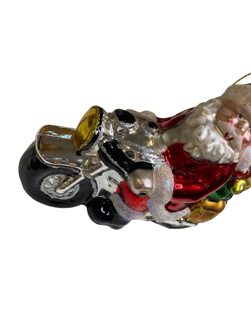 Handblown Glass Biker Santa Ornament Motorcycle Christmas 5" Length