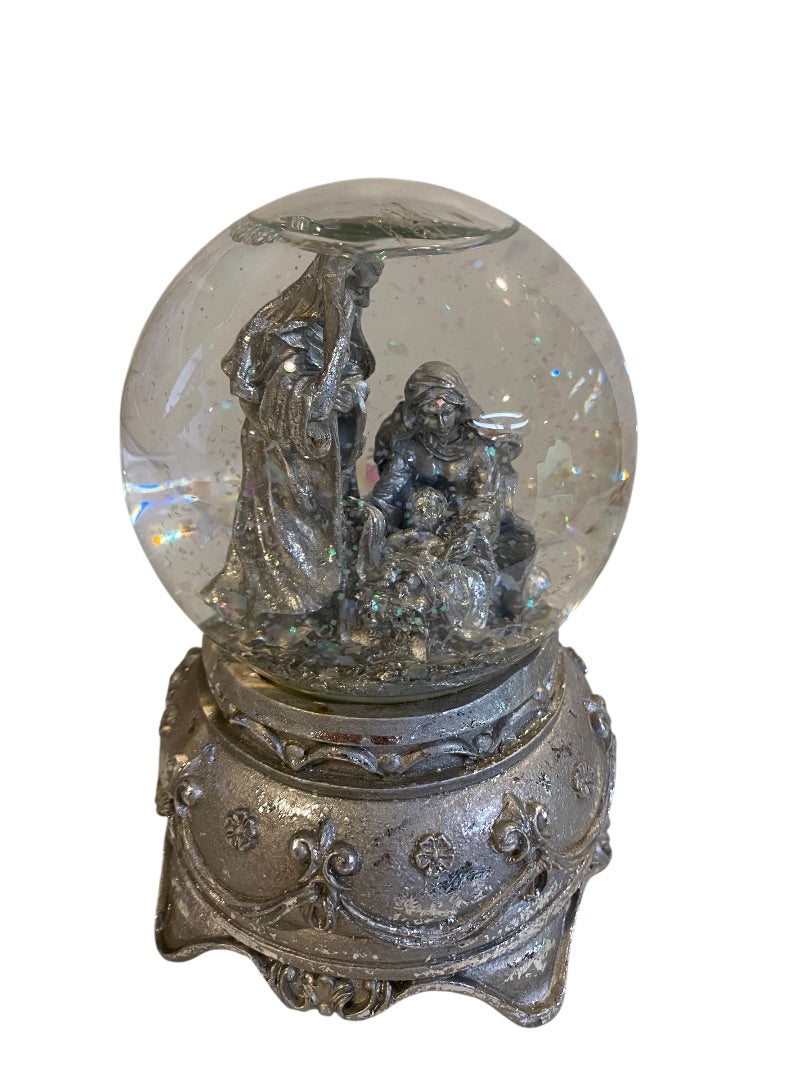 Nativity Snowglobe Silver Sparkle Music Box O Holy Night 6"