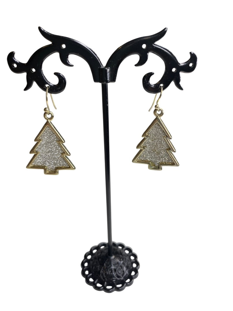 Goldtone Fishhook Earrings Christmas Tree Sparkle 1.5" Drop