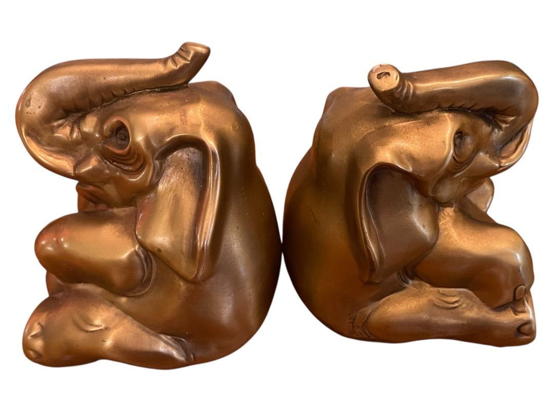 PM Craftsman Trunk Up Elephant Book Ends USA Heavy Goldtone