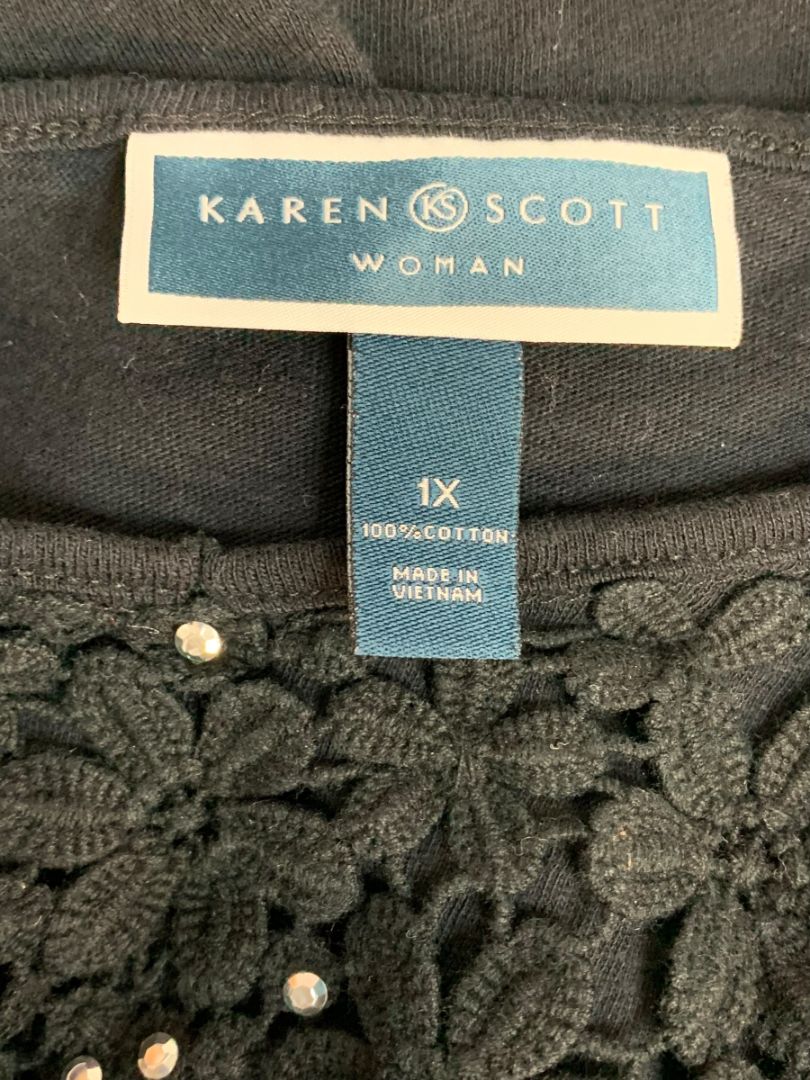 Size 1X Karen Scott Woman Black Crochet Embellished Knit Shirt