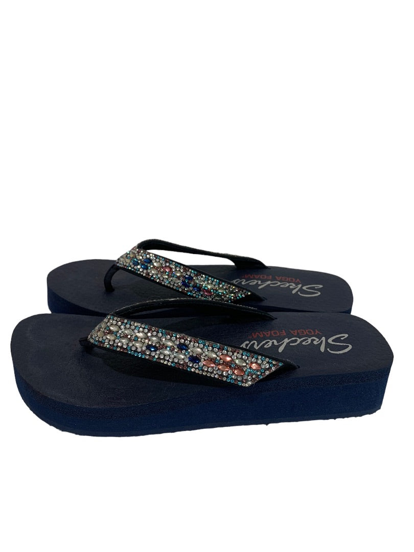 Size 8 Skechers Yoga Foam Platform Flip Flop Sandals Jeweled Navy Blue