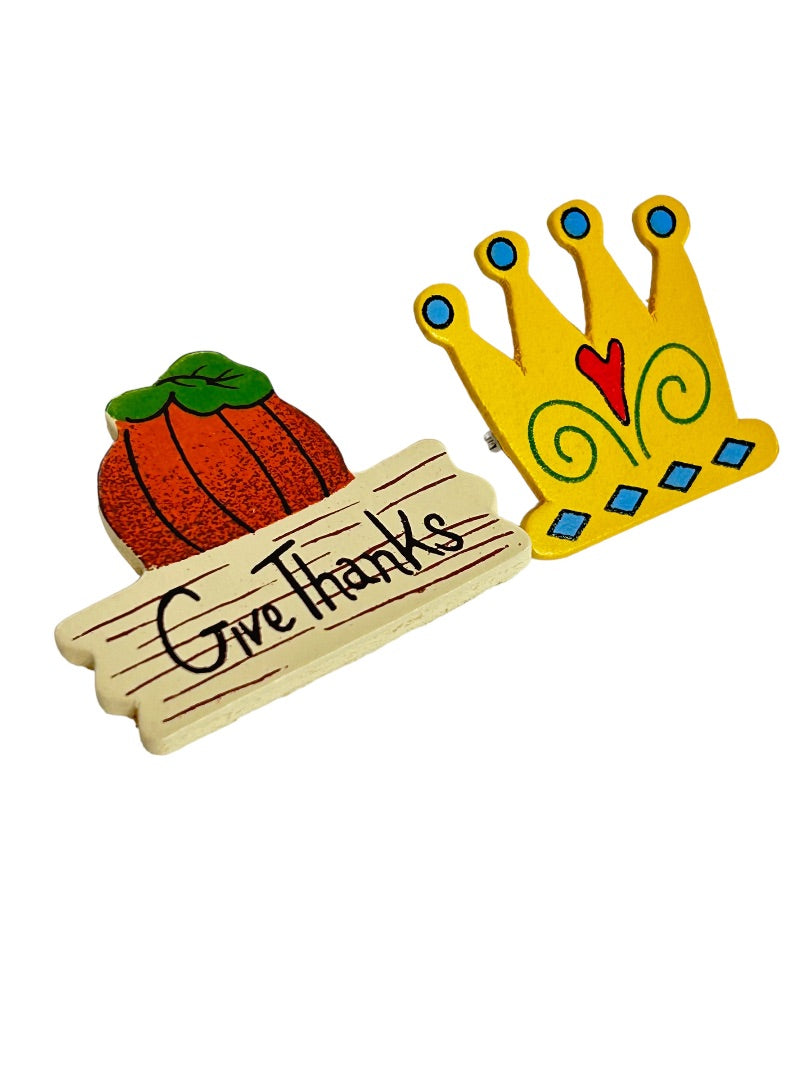 Painted Wooden Brooch Pins "Give Thanks" Pumpkin Crown Set of 2