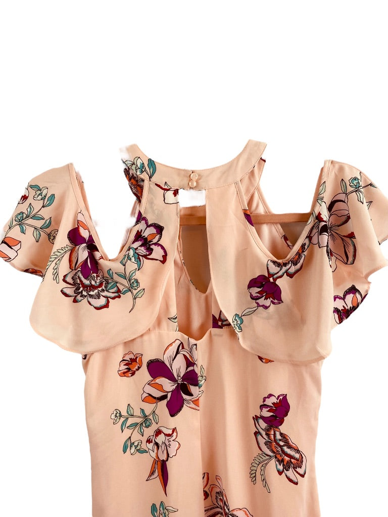 XS Candie's Pink Lined Cold Shoulder Halter Shift Dress Floral