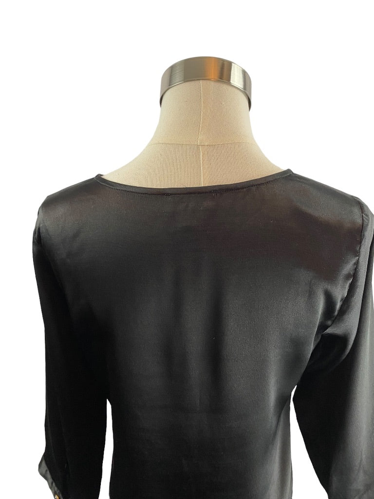 XS The Limited Womens Black Satin 3/4 Sleeve Pullover Split Neck Blouse