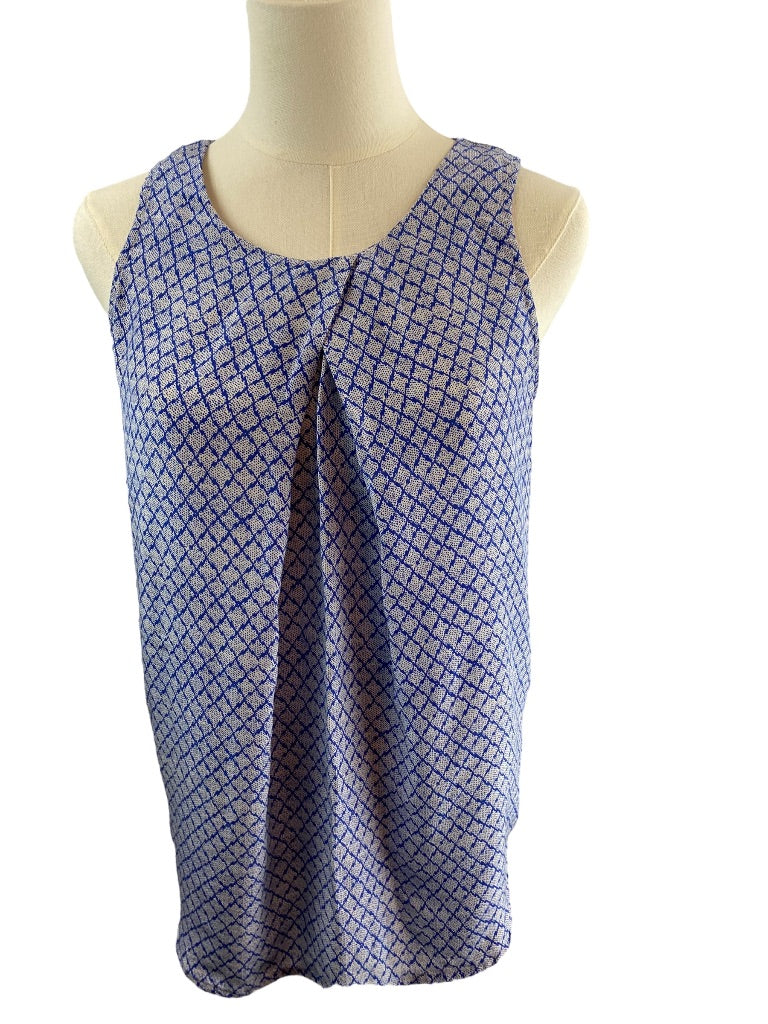XS Cynthia Rowley Womens 100% Silk Blue Print Pullover Pleat Front Blouse